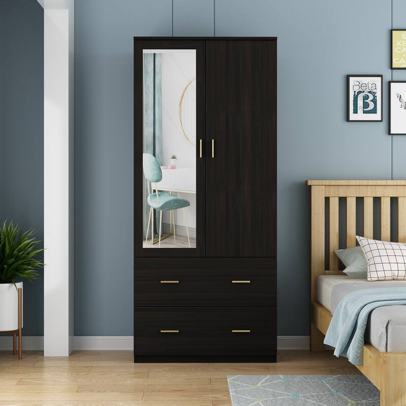 Kerrogee Bedroom Armoires Wardrobe with Mirror Drawers and Doors - Dark Brown