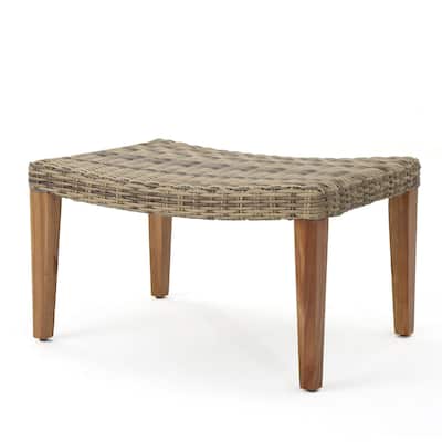 Bops Outdoor Ottoman, Gray Faux Rattan Wicker, Brown Acacia Wood