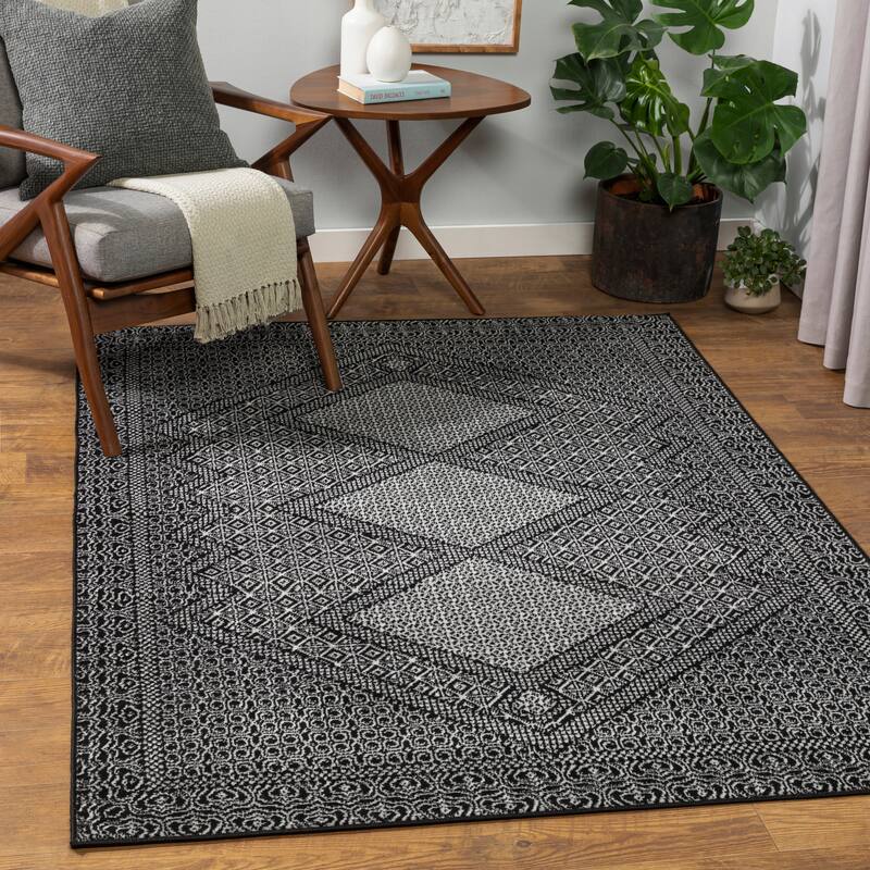 Livabliss Pease Bohemian Medallion Area Rug - Black/White - 7' 10" x 10'