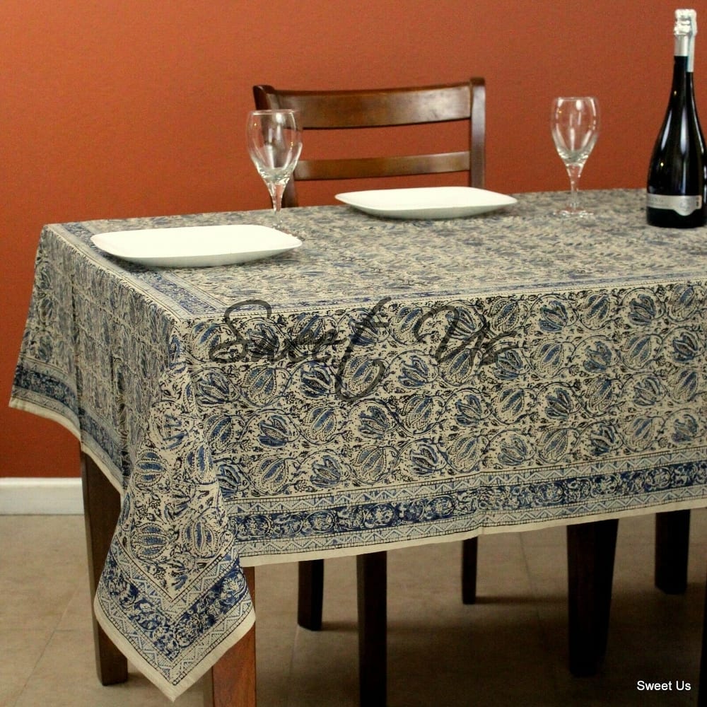 Cotton Vegetable Dye Block Print Rustic Vintage Floral Tablecloth