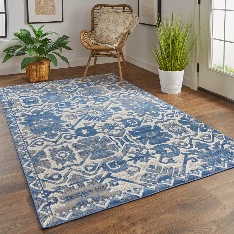 Hurst Modern Style Oriental Transitional Area Rug - 6'-5" x 9'-6" - Golden Brown/Pearled Ivory/Midnight Navy Blue