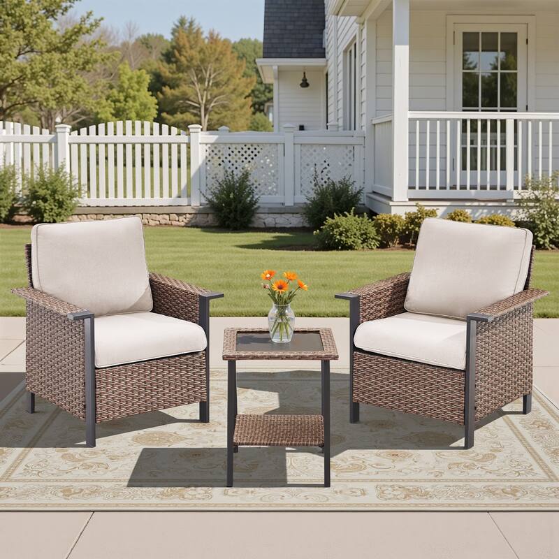 Pocassy Outdoor Wicker 3-Piece Patio Chair with Side Table - Brown Wicker Beige Cushion - 3-Piece Patio Chair with Side Table