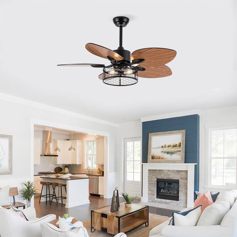 52" Farmhouse Style Wood Walnut Ceiling Fan With Lights and Remote Control, Dimmable LED Optional