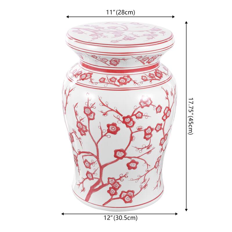 Cherry Blossom 17.7" Ceramic Garden Stool, White/Blue by JONATHAN Y
