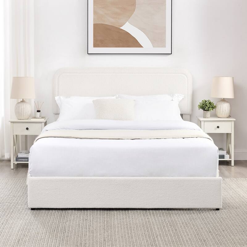 2-Drawers Storage Bed Queen Size Ivory Boucle Upholstered Platform Bed