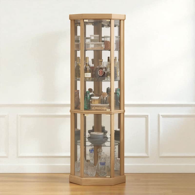 Corner Lighted Glass Curio Cabinet with Doors, Shelves and Mirrored Back for Display and Storage