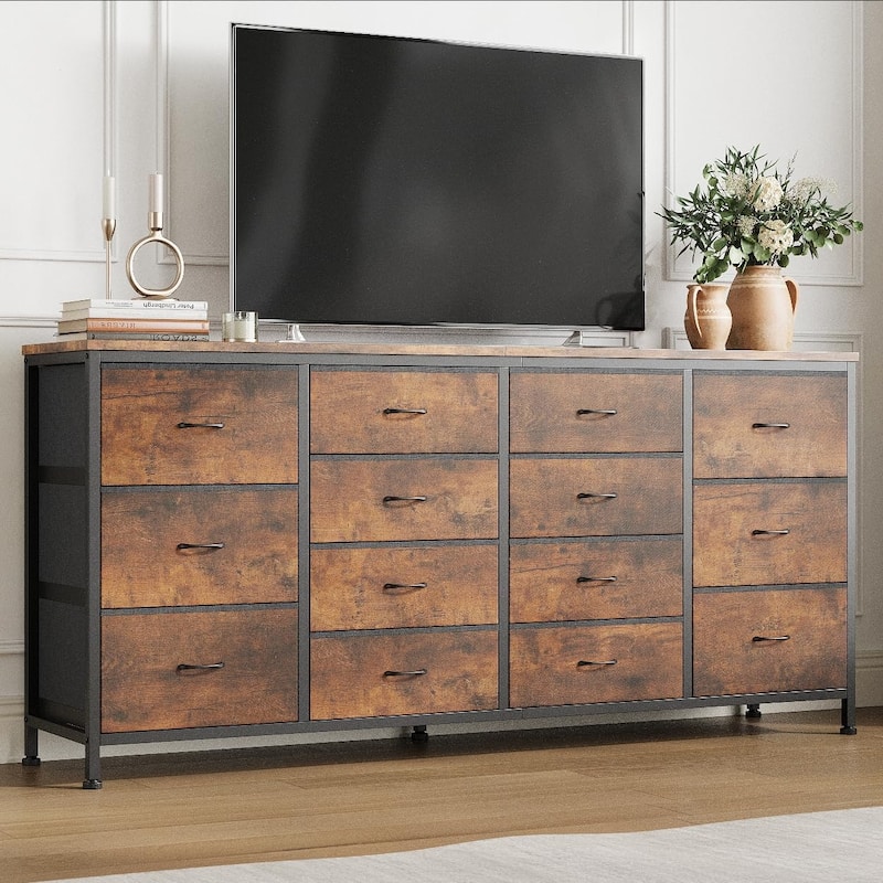 14 Drawer Dresser, 63 Inch White Dresser TV Stand - Brown