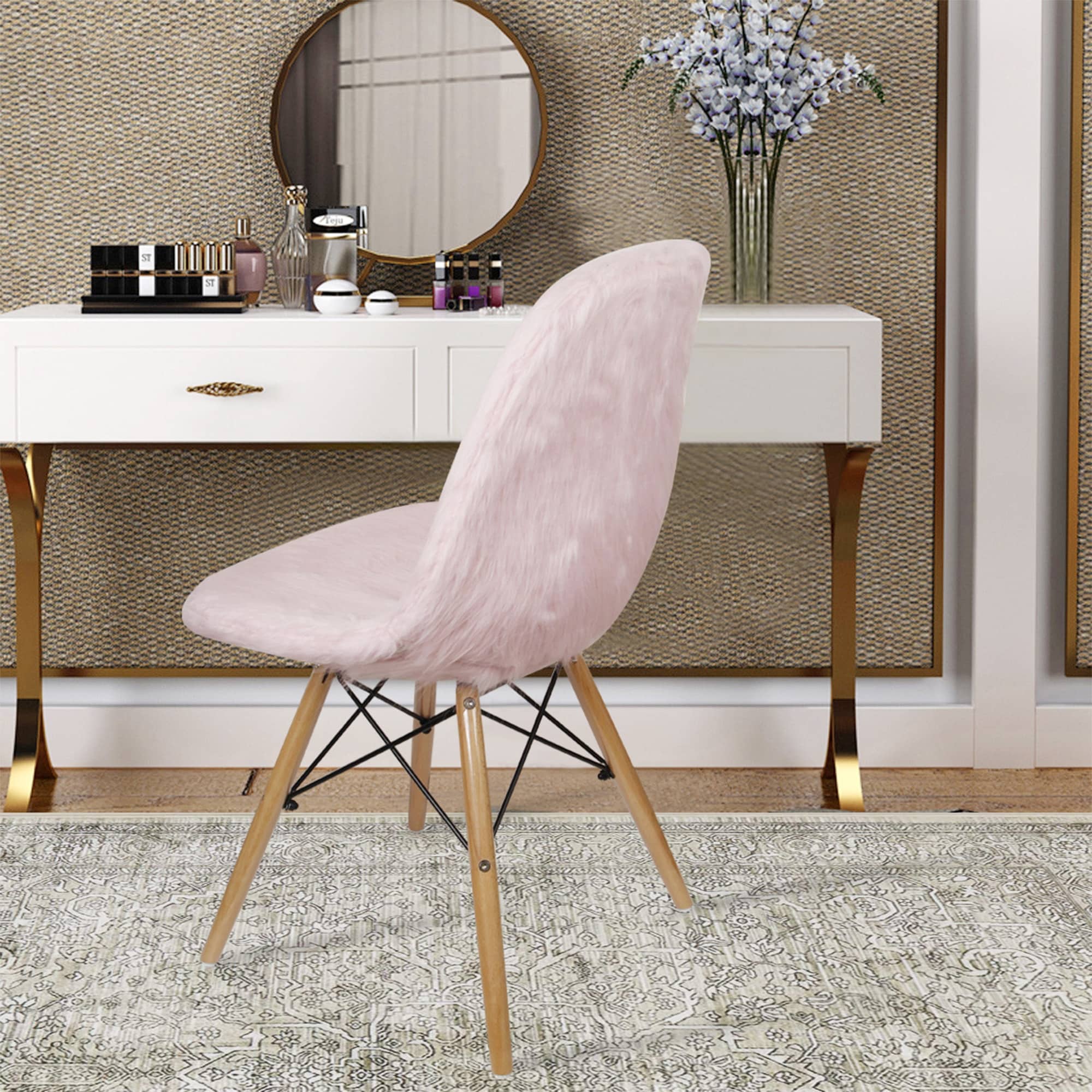 Plush Fuax Side Dining Chairs with Wooden Legs Removable Soft