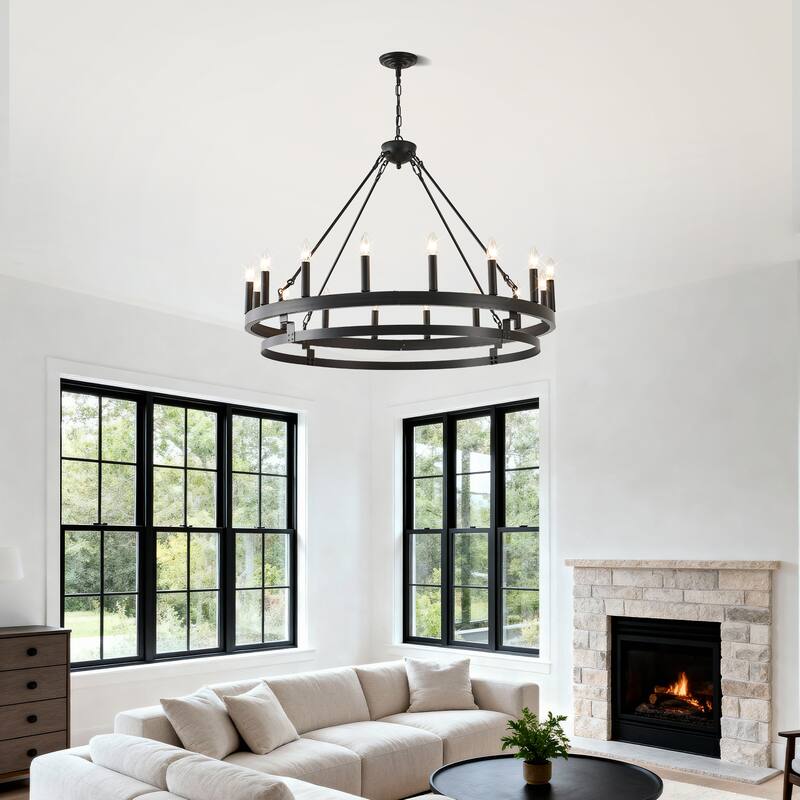 39 Inch 16-Lights Matte Black Wagon Wheel Chandelier with light E12