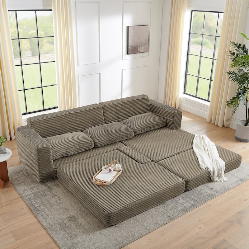 Modern Minimalist L-shape Sectional Sofa with Chaise Lounge Corduroy Compressed Folding Couch Convertible into Floor Bed