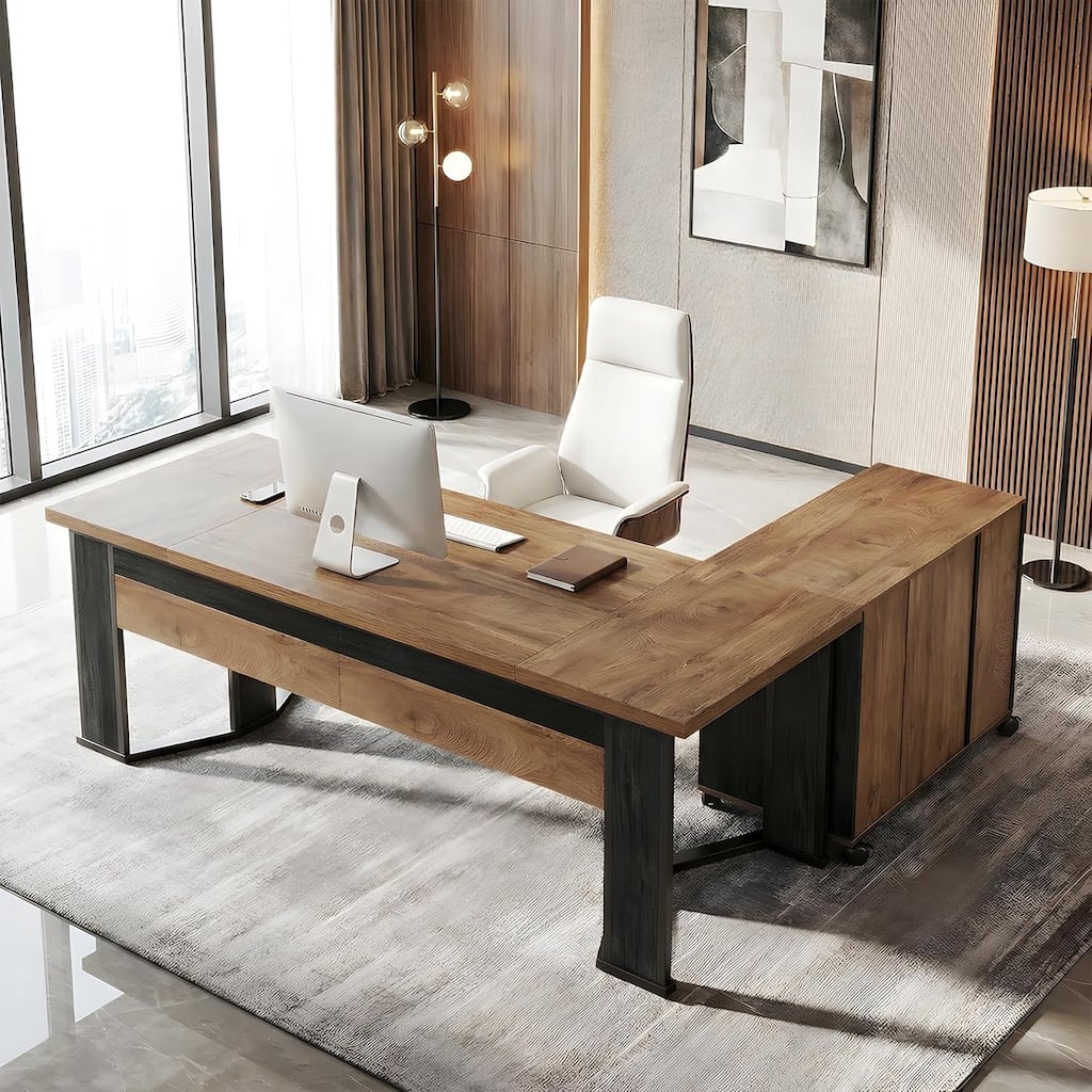 70.86-Inch L Shaped Executive Desk with Drawers, Computer Desk with Mobile File Cabinet and Storage Shelves for Home Office