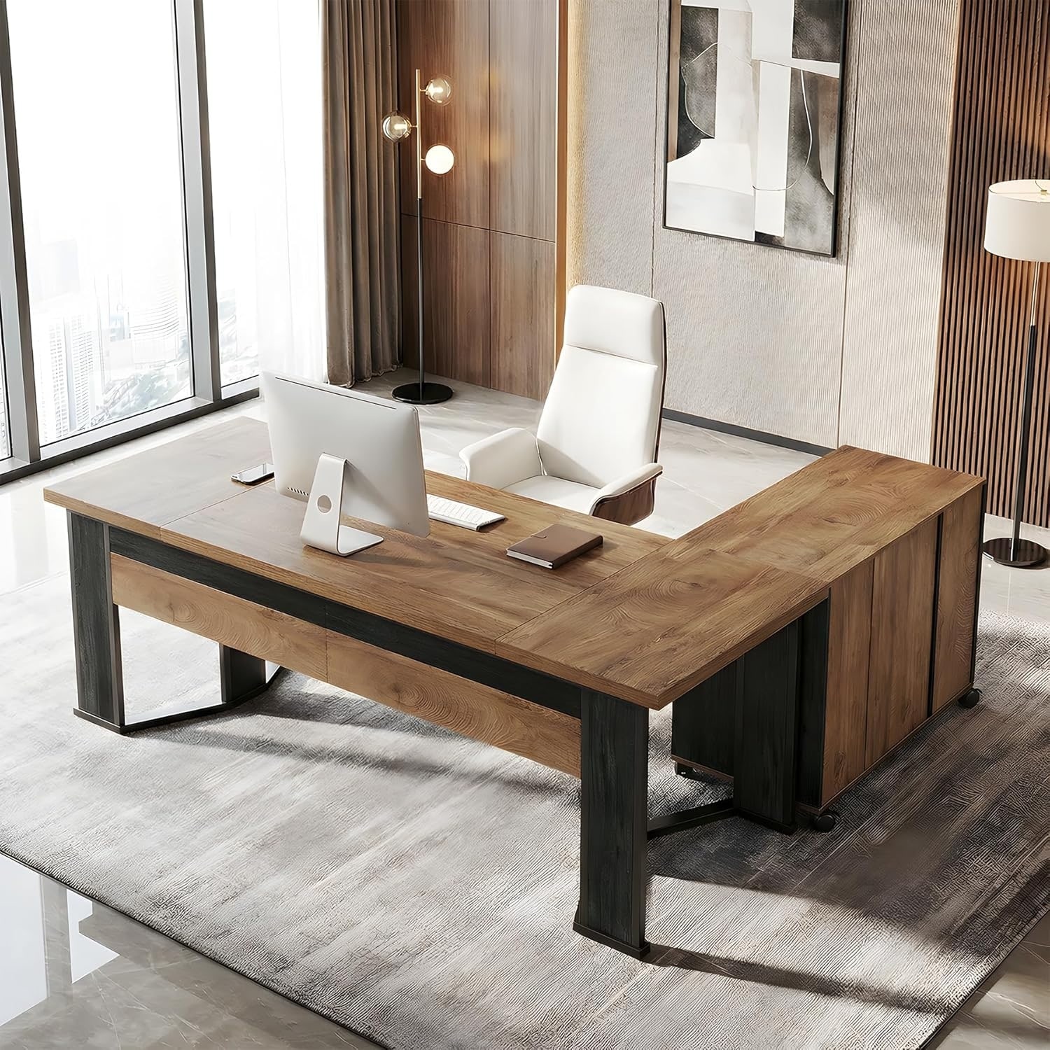 70.86-Inch L Shaped Executive Desk with Drawers, Computer Desk with Mobile File Cabinet and Storage Shelves for Home Office