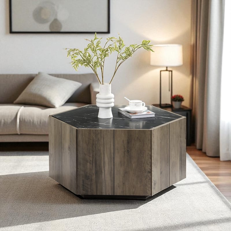 Hexagonal Rustic Coffee Table with Textured Marble Top, 2 Hidden Drawers, Light Brown Oak Finish, MDF