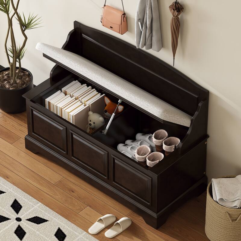 Shoe Storage Bench Wooden Entryway Bench with Linen Cushion