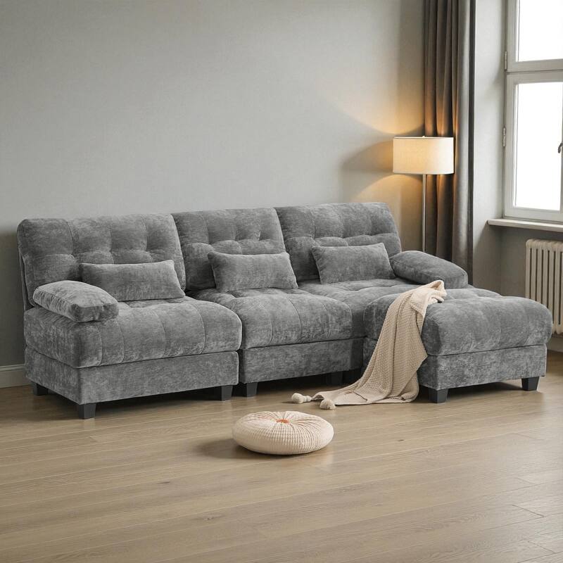 93" 3+1 Seater Sofa with Ottoman, Adjustable 4-Position Backrest, Soft Chenille Upholstery and 3 Pillows for Living Room - Grey