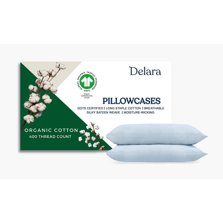 Delara GOTS Certified 100% Organic Cotton Pillowcase Pack of 2, 400 TC Long Staple Cotton, Moisture-Wicking, Smooth & Breathable
