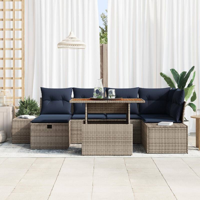 vidaXL 7 Garden Sofa Set with Cushions Black/Grey Poly Rattan - 103.9 x 60.6 x 27.2