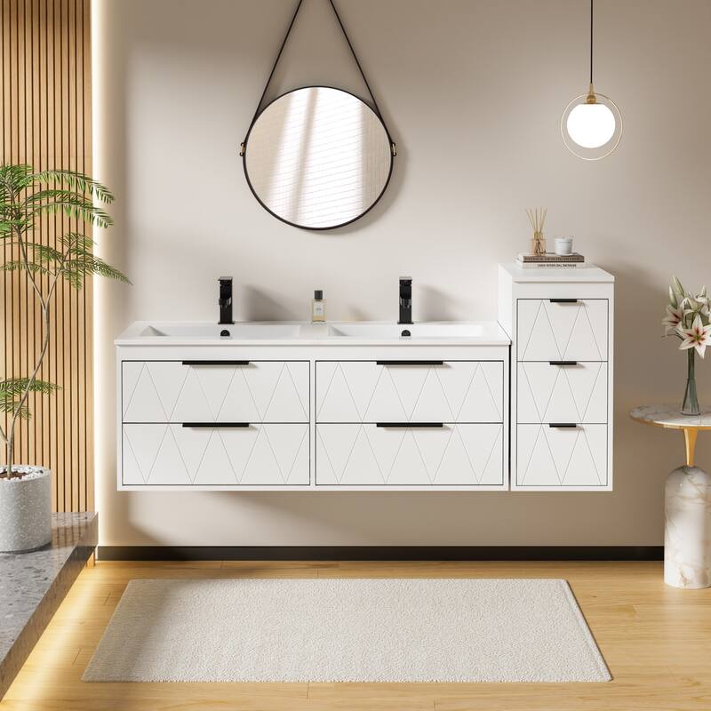 Bathroom Vanity Sink Combo Wall Mounted Cabinet Vanity Set with Side Cabinet - White - 48 in
