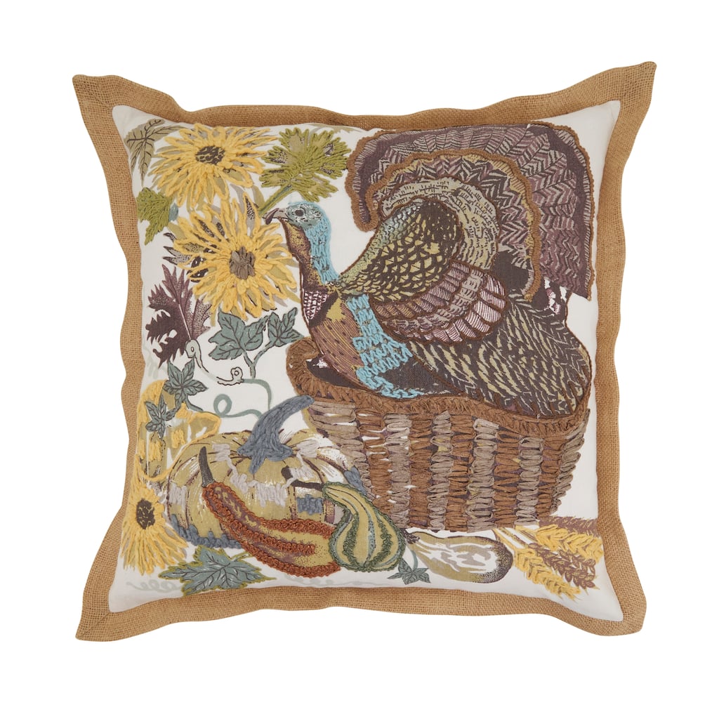 Embroidered Turkey Throw Pillow