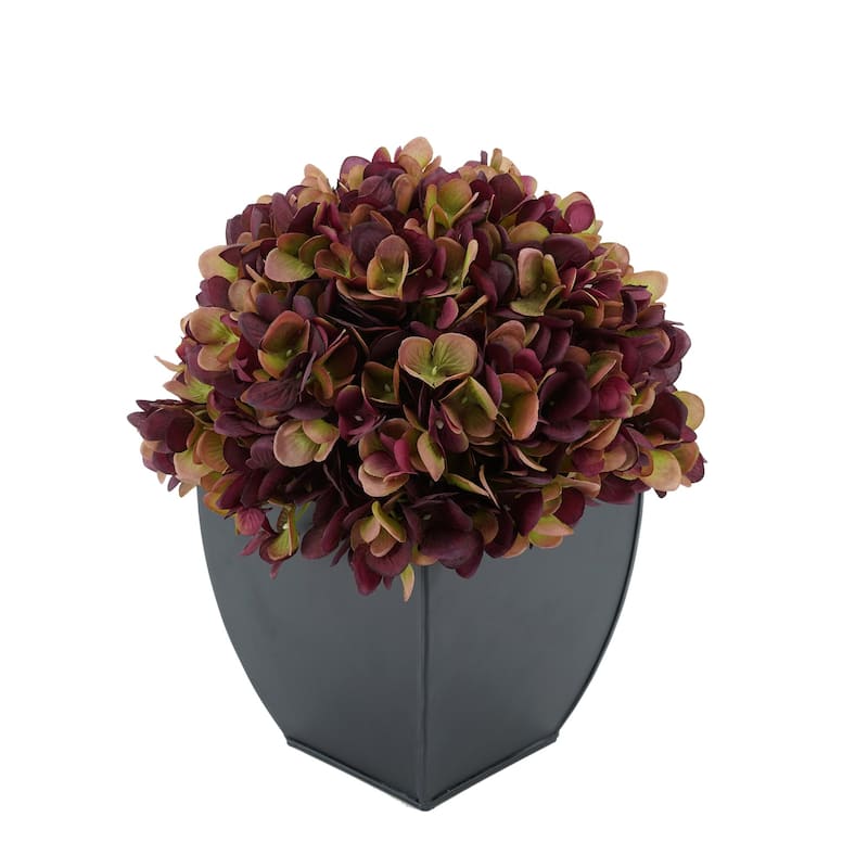 Faux Hydrangea in Black Tapered Zinc Cube - Plum