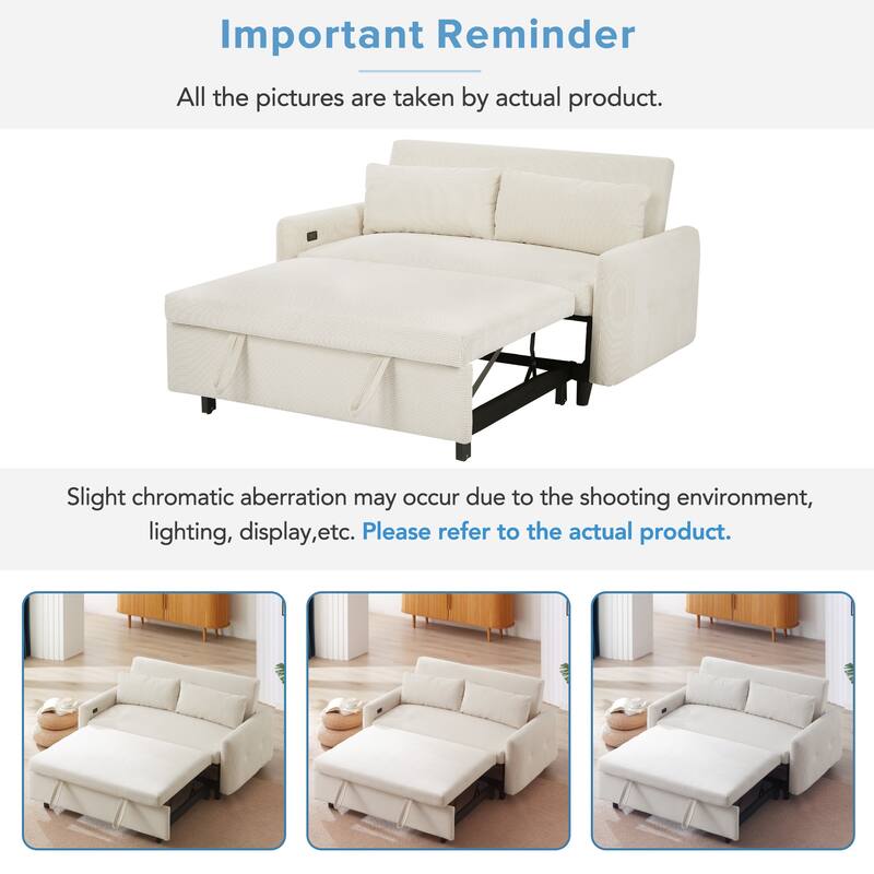57.48" Corduroy Convertible Sofa Bed with Pull-Out Sleeper, Adjustable Backrest & USB