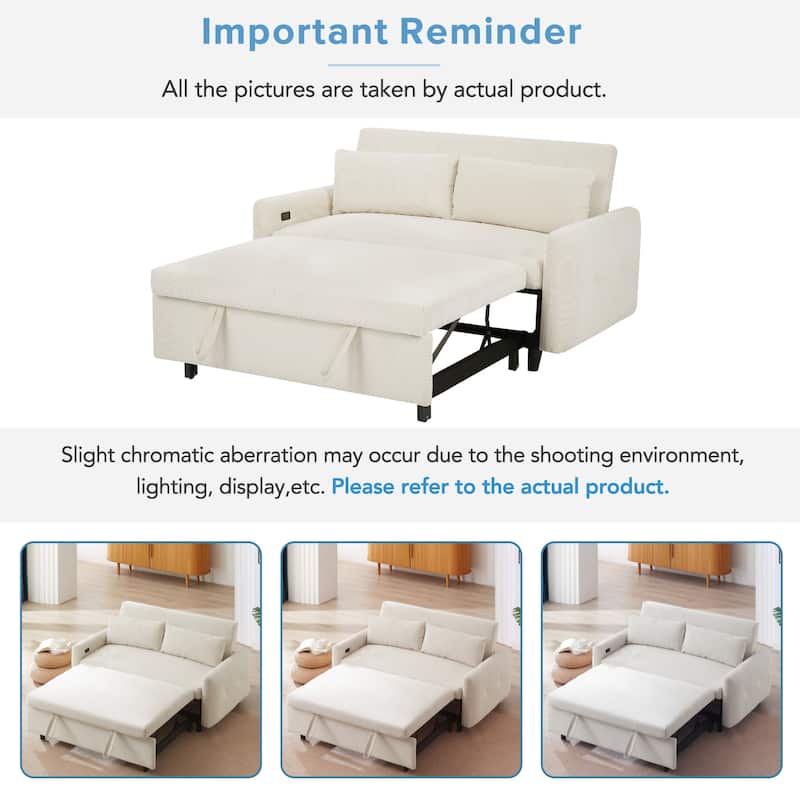 57.48" Pull-out Sofa Bed Convertible Couch with USB Ports, Beige Corduroy