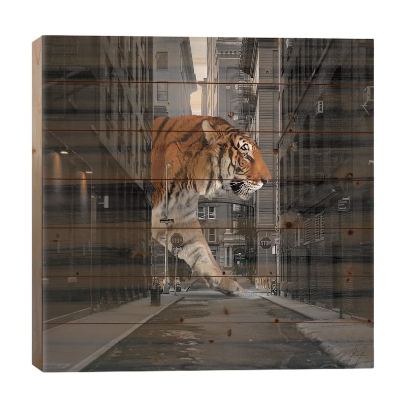 Tiger In NY I Print On Wood by Kathrin Federer - Multi-Color - 26x26x1.5