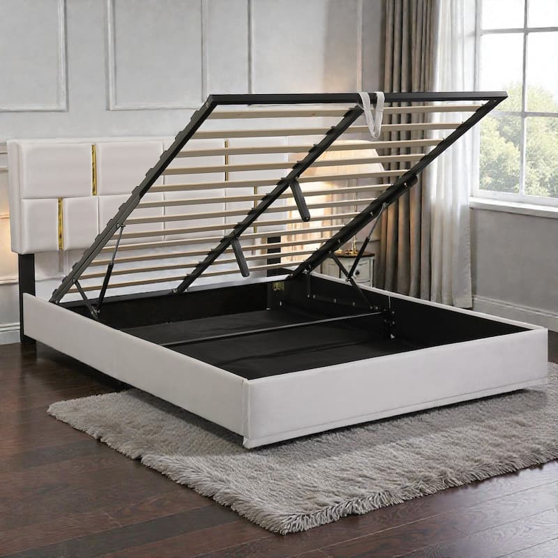 Queen Upholstered Platform Bed with Hydraulic Storage, Soft Fabric Headboard, No Box Spring Needed