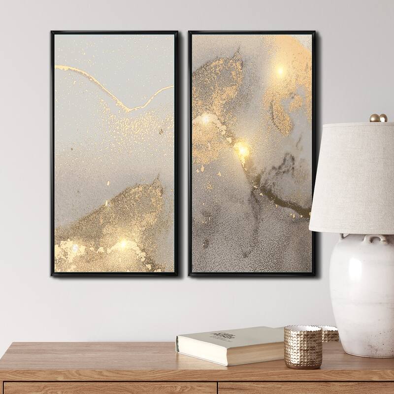 Designart "Grey & Gold Marble Liquid Art II" Abstract Framed Art Set of 2 Pieces
