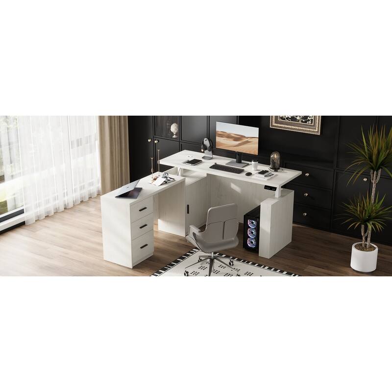 63" L Shaped Electric Standing Desk with Storage Drawers – Height Adjustable Executive Desk, Dark Brown Wood