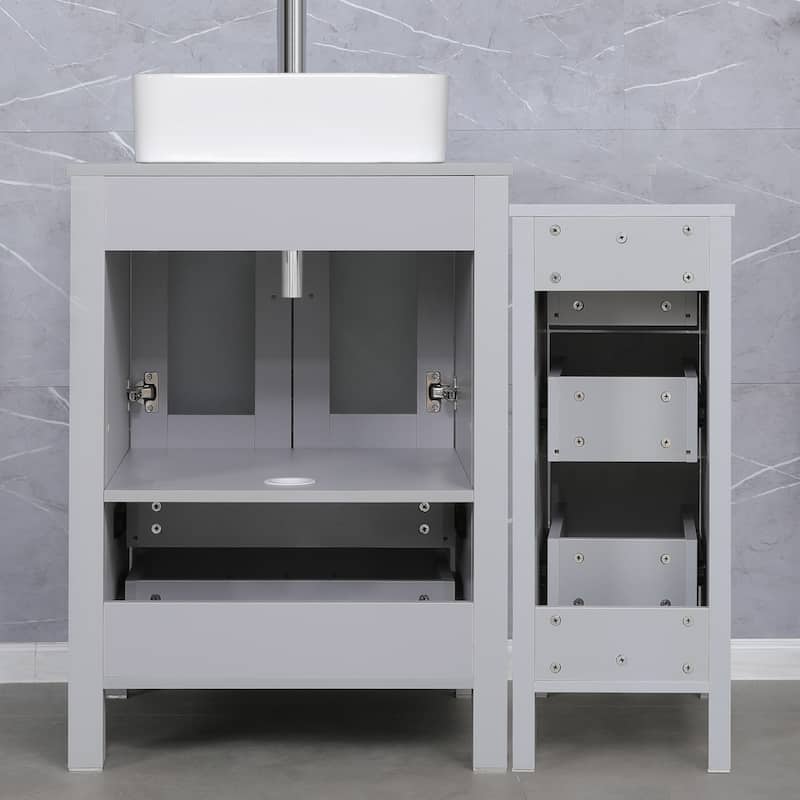 36" Bathroom Vanity Sink Gray Set with Side Cabinet Vessel Sink Faucet Combo