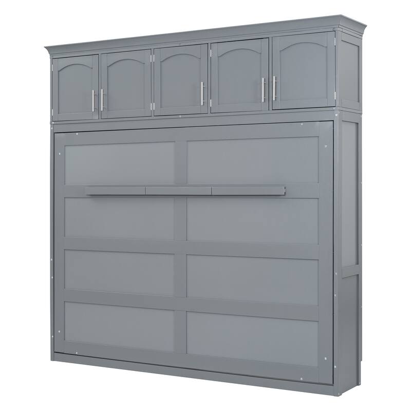 Gray Full Size Multi-function Murphy Bed with Top Cabinets for Apartments