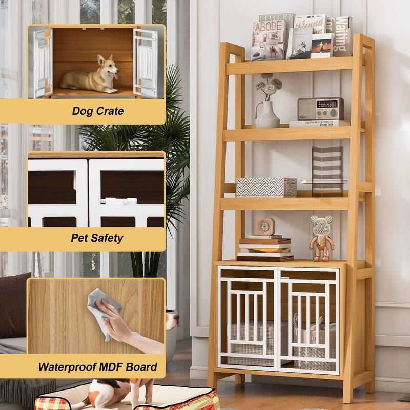 Anmytek Dog Crate Ladder Bookshelf Combo Pet Furniture with Storage and Geometric Doors