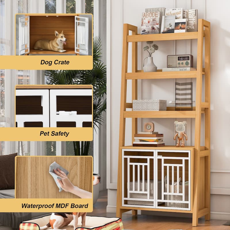 Modern 2-in-1 Dog Furniture: Tall Wood Display Shelf with Storage, Combining a Dog Kennel and Bookcase