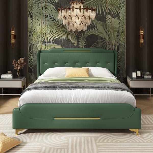 slide 2 of 14, Uphou Modern Upholstered PU Leather Bed by Christopher Knight Home Green+King Size