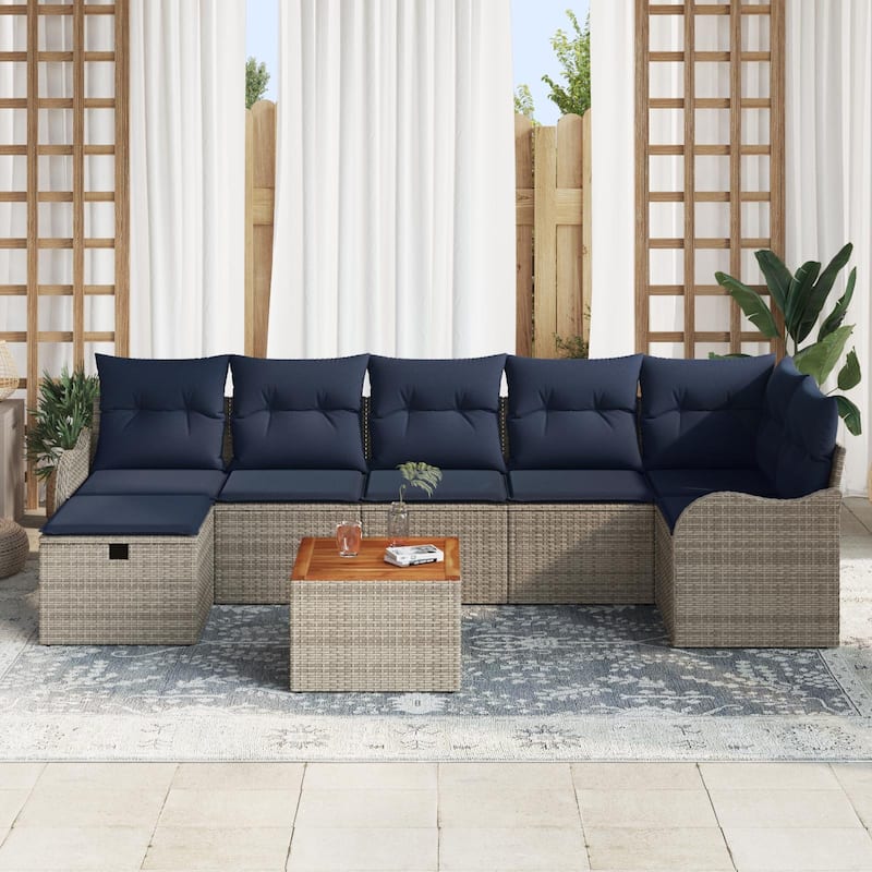 vidaXL 8 Garden Sofa Set with Cushions Black/Grey Poly Rattan - 113.2 x 48.2 x 27.2