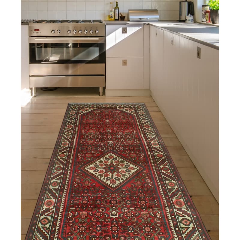 Fine Vintage Distressed Corky Red/Blue Runner - 3'6" x 8'8"