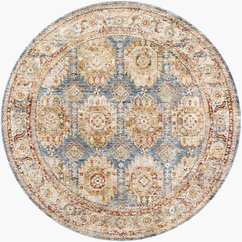 Livabliss Transitional Mona Lisa Medallion Area Rug - 6'7" x 6'7" Round - Tan/Blue
