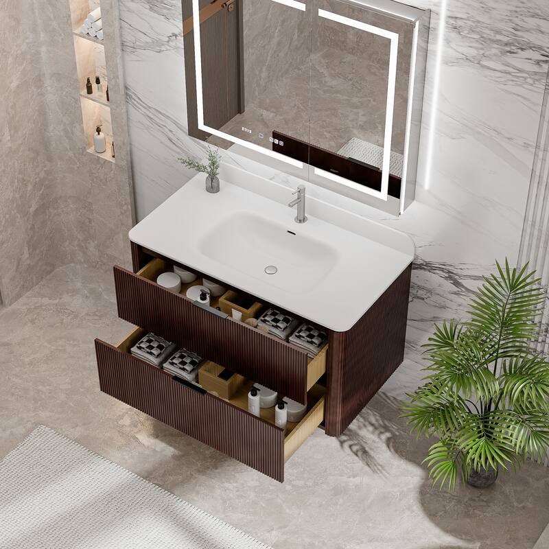 Modland Fluted Floating Vanity with Sink, Plywood Wall Mount Cabinet, Curved Edge, 24/30/36 Inch