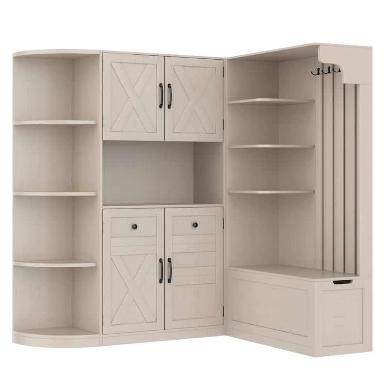 Multifunctional Left-Right Combination Hall Cabinet With Storage And 4 Hooks, Storage Cabinet/ Hall Tree 2 In 1