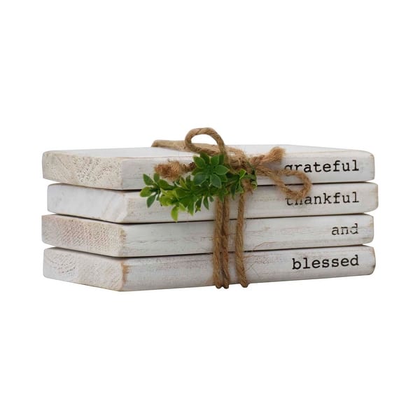 slide 2 of 5, Grateful Thankful and Blessed, Whitewashed Wood Stacked Books Tied with Twine and Greenery