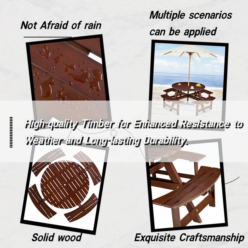 8-Person Outdoor Round Picnic Table Set with 4 Built-in Benches & Umbrella Hole