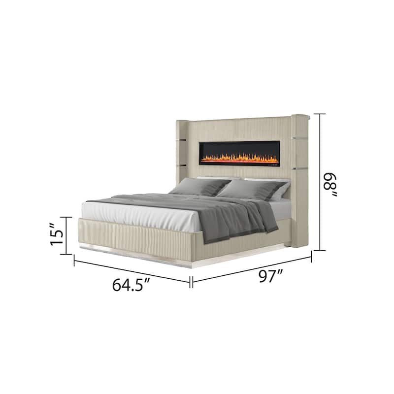 Lizelle Modern Style Queen/King Upholstered Bed with USB Ports, Fireplace Headboard & Made with Wood