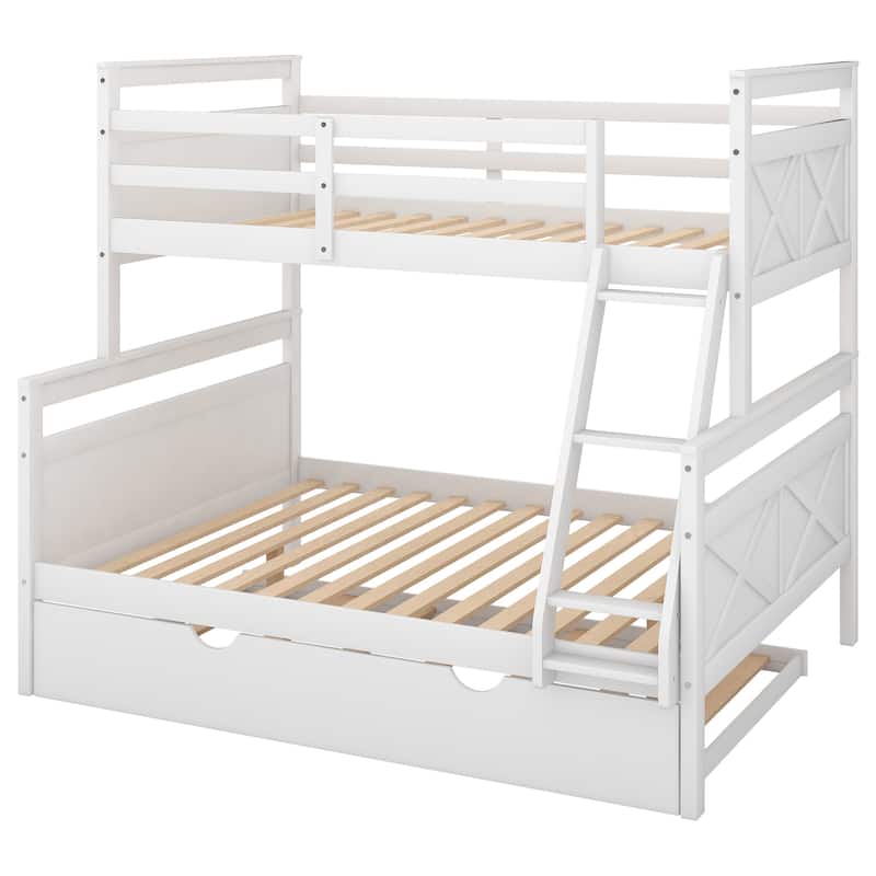 Twin over Full Bunk Bed with Ladder, Twin Size Trundle, Safety Guardrail, White and Grey
