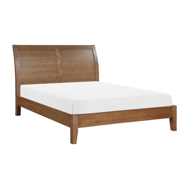 Queen Size Wood Platform Bed with Sleigh Headboard and Transitional Style - Light Brown