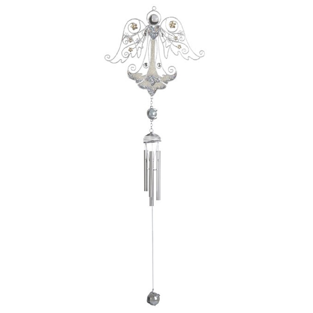 Lbk Furniture Copper And Gem 23" Angel In Silver Wind Chime For Indoor And Outdoor Hanging Decoration Garden Patio Porch