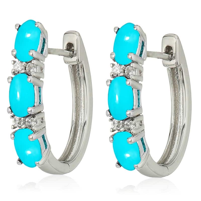 925 Sterling Silver Sleeping Beauty Turquoise and White Natural Zircon Hoops Earrings