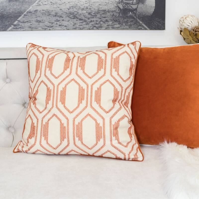 Geometric Embroidered Cotton Throw Pillow - Rust Modern Accent