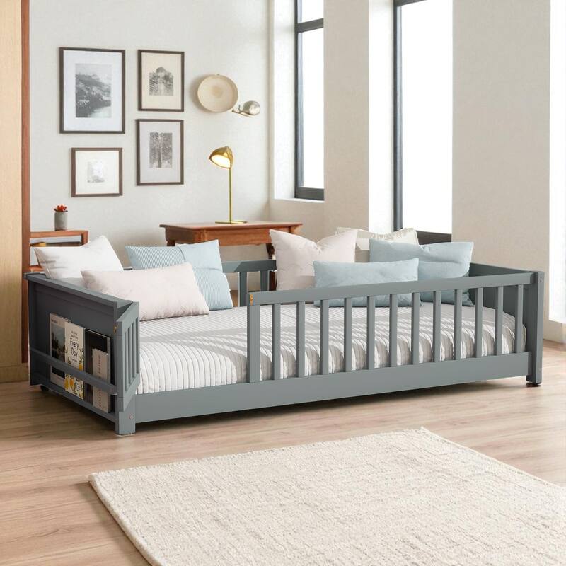 Twin Size Floor Platform Bed with Guardrails, Revolving Door and Built-in Book Rack