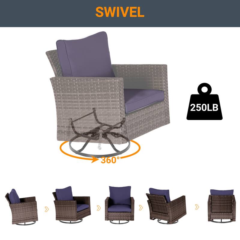 LIVOOSUN 3-Piece Patio Sofa Set Brown Rattan Swivel Rocking Chair Glass Table